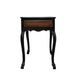 side view antique wood side table with bow legs