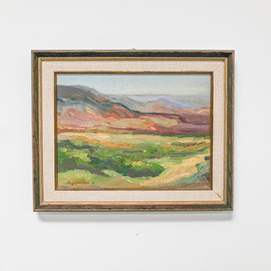 landscape painting framed in gold wood and linen inner frame