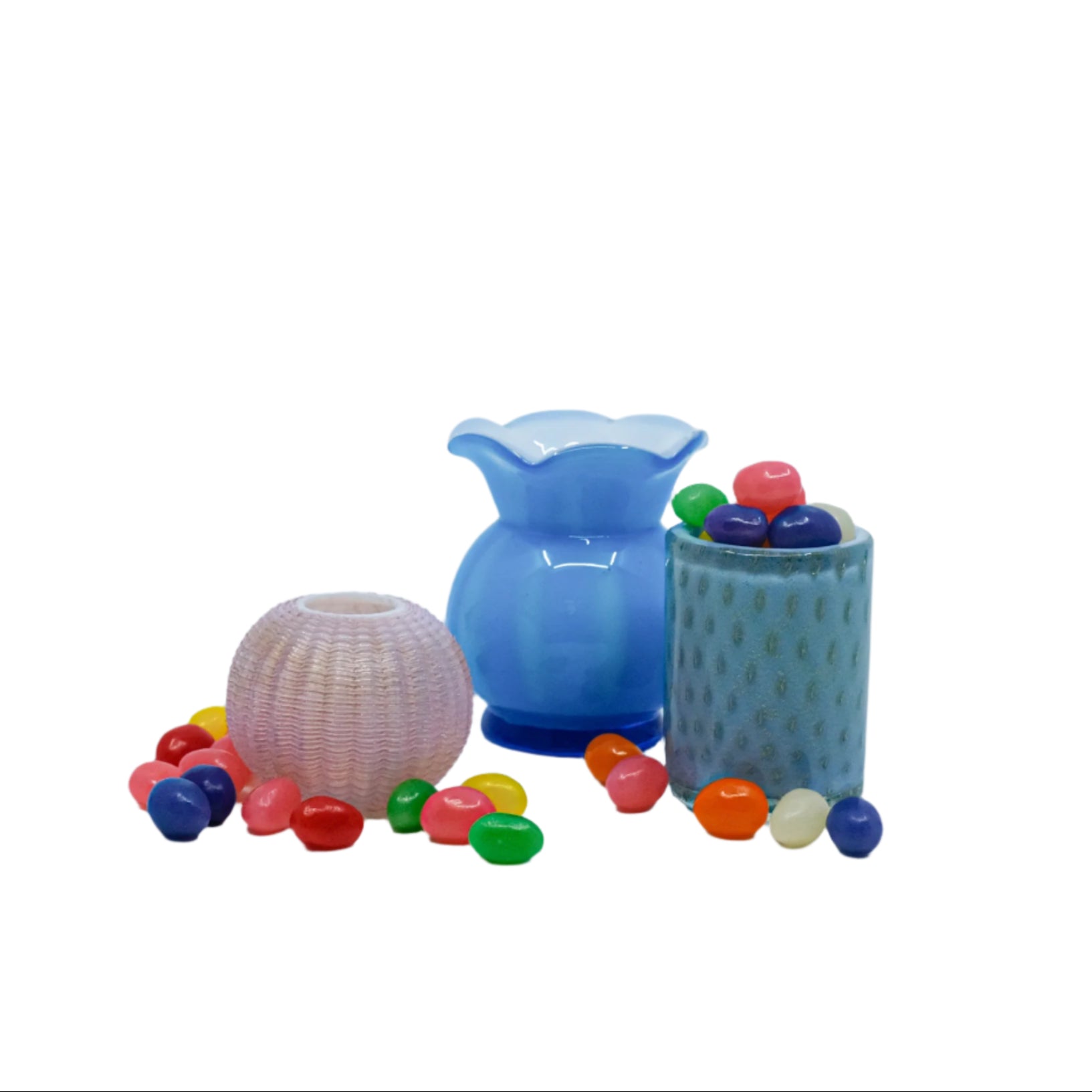 trio of petite glass vases with jelly beans