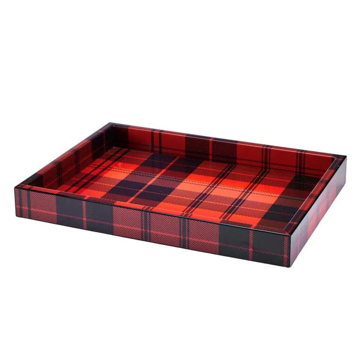 Red and black plaid tray on a white background