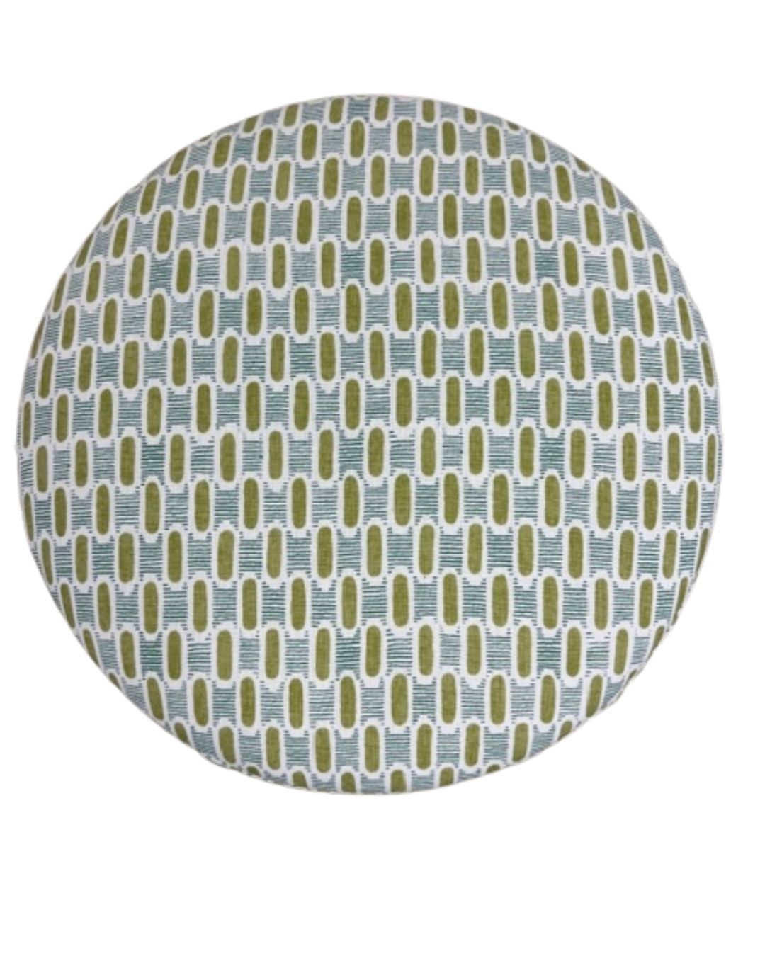 Round fabric sample with a geometric pattern on a white background