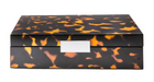 Tortoiseshell-patterned box with a white label on a white background