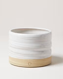 White ceramic planter with wooden base on a white background