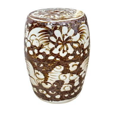 Decorative ceramic stool with floral patterns on a white background