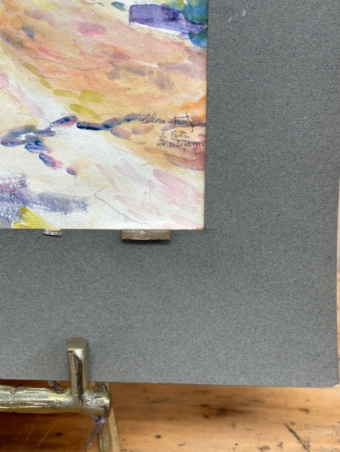 Artistic watercolor painting on a gray background with a signature