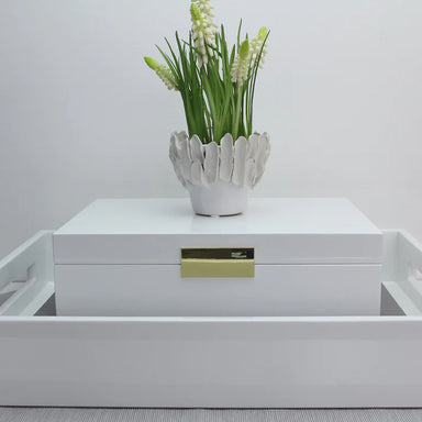 White decorative box with a gold handle and a white vase with greenery on top against a light gray background