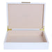 White jewelry box with gold hinges on a white background