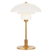 Table lamp with white shade and gold base on a white background
