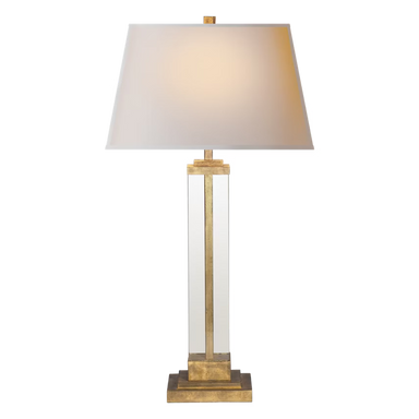 Table lamp with a clear glass base and lampshade on a white background