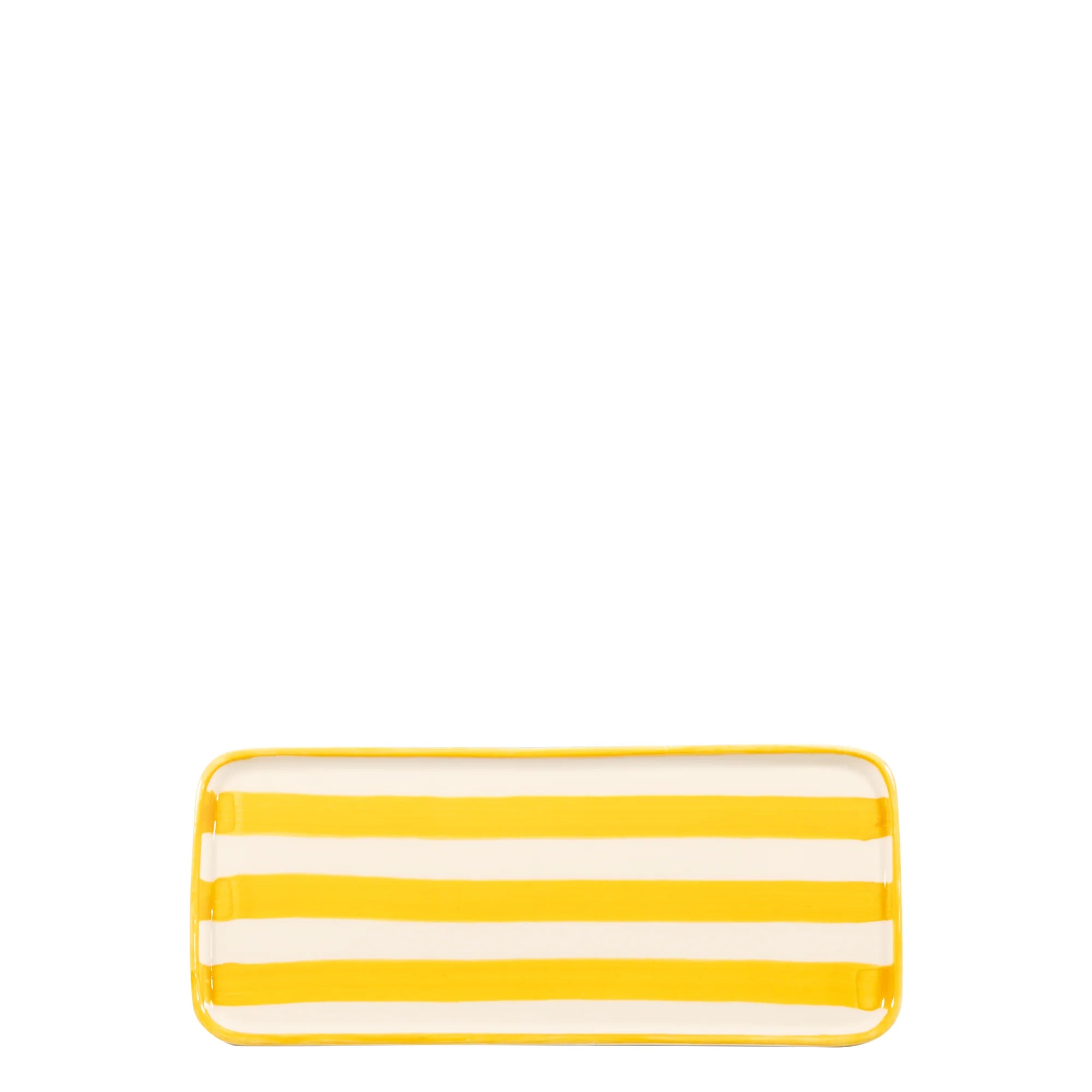 Rectangular plate with yellow and white stripes on a white background