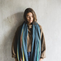 striped wool and linen shawl, teal, red and yellow