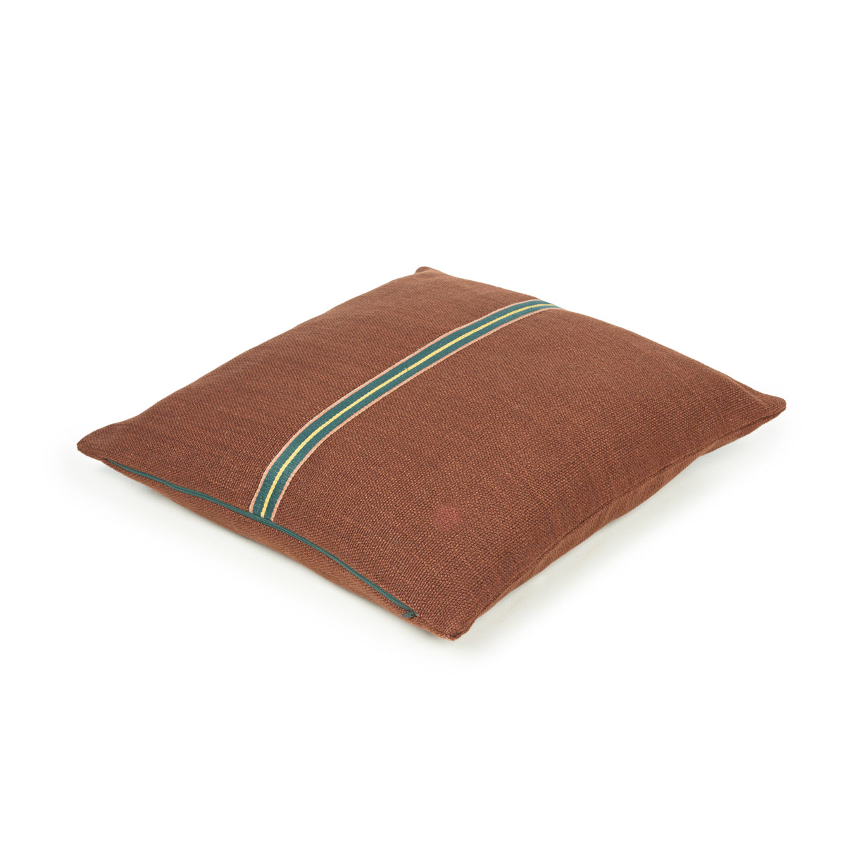 square linen and wool pillow in burnet sienna with green trim stripe down center