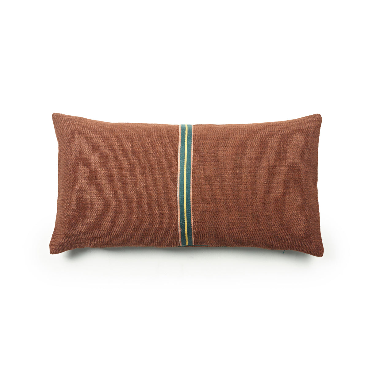 oblong linen and wool pillow cover in burnet sienna with green trim stripe down center