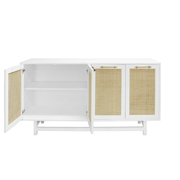 open door view of white painted wood and cane console, brass handles on doors, adjustable shelf