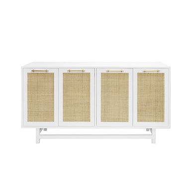 white painted wood and cane console, four doors with brass handles