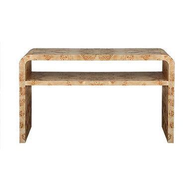 burl wood veneer console table with shelf