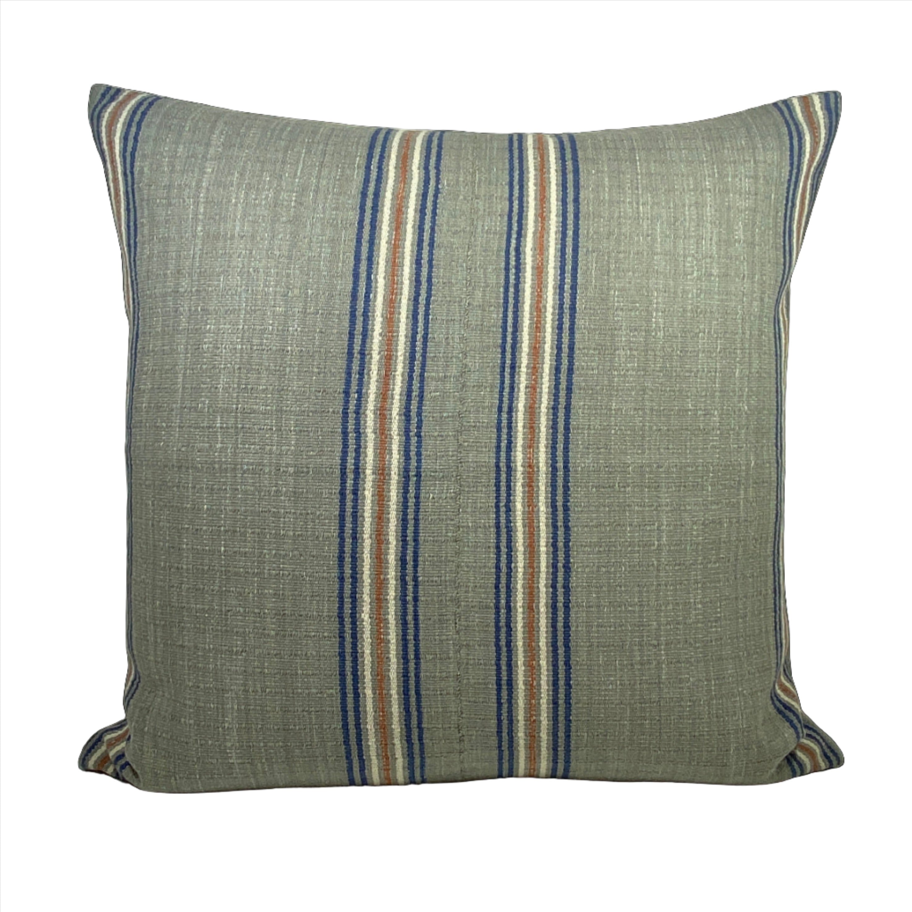 grey, navy and rust striped handwoven square pillow