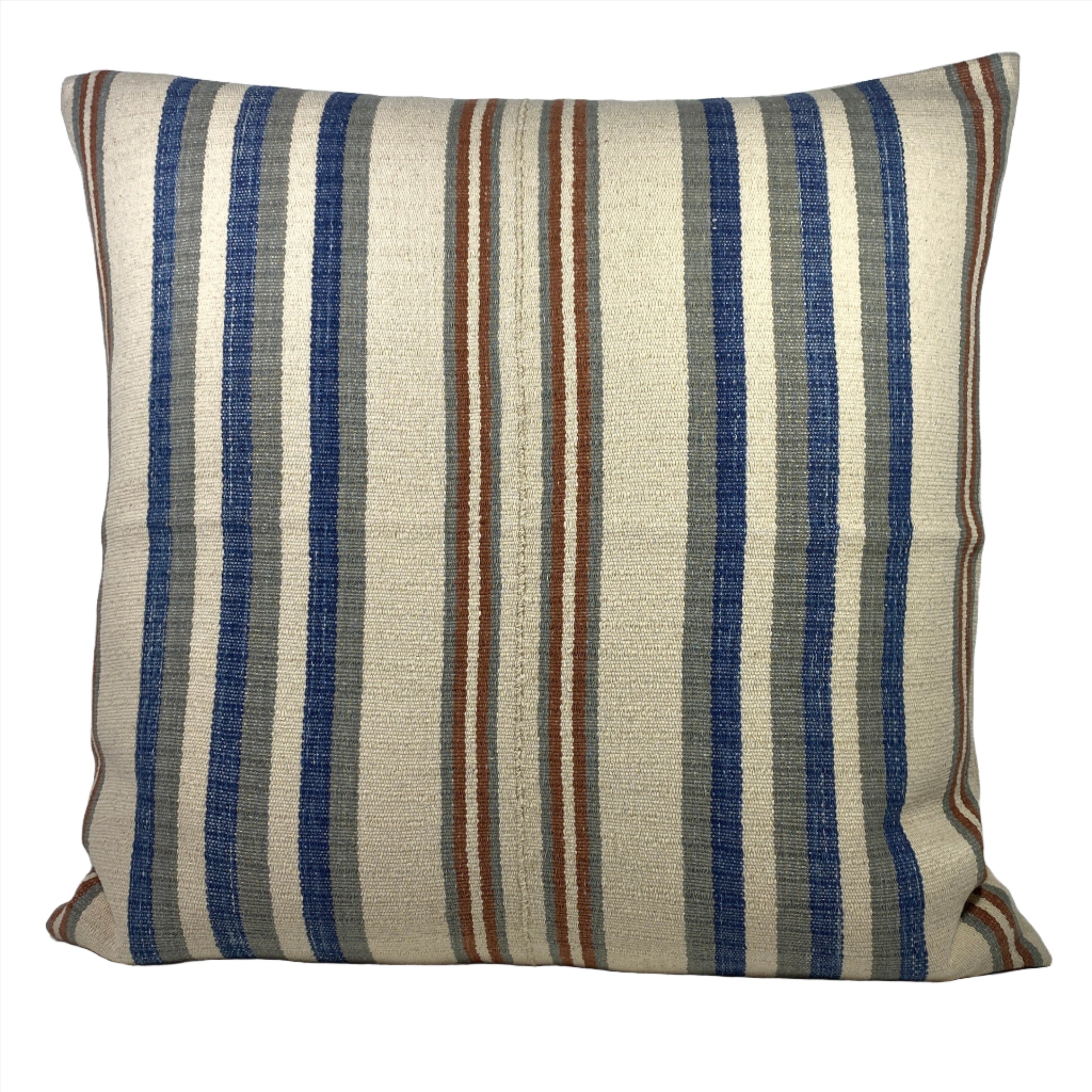 handwoven striped pillow in natural, grey, blue and rust