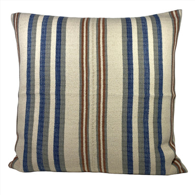handwoven striped pillow in natural, grey, blue and rust