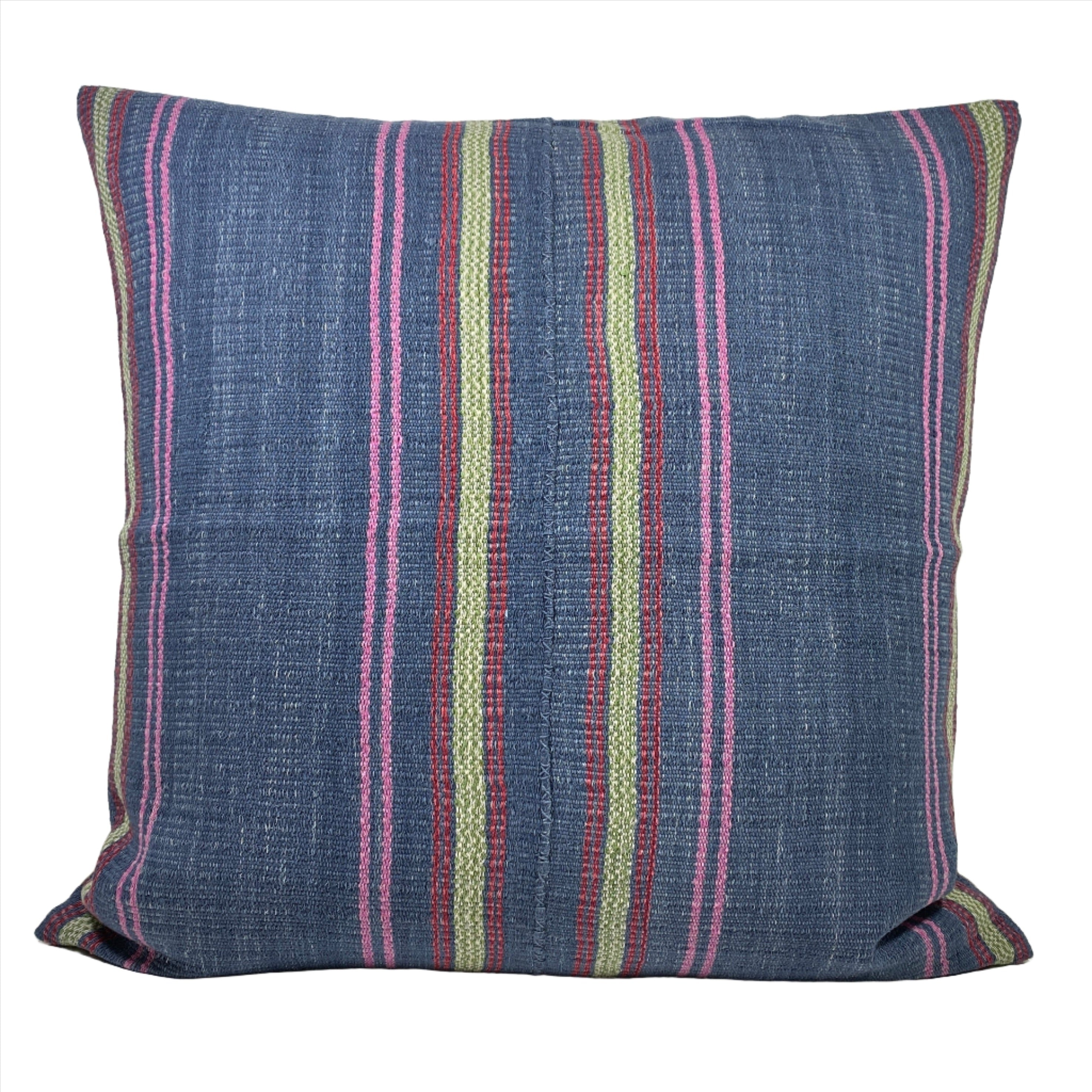 handwoven textile square pillow in blue, pink, red and green
