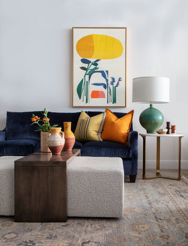 sofa, art, ottoman and green lamp