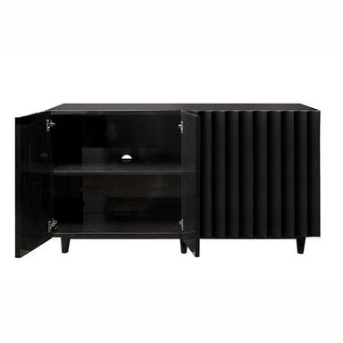 scalloped front media cabinet with four doors, adjustable shelf