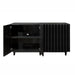 scalloped front media cabinet with four doors, adjustable shelf