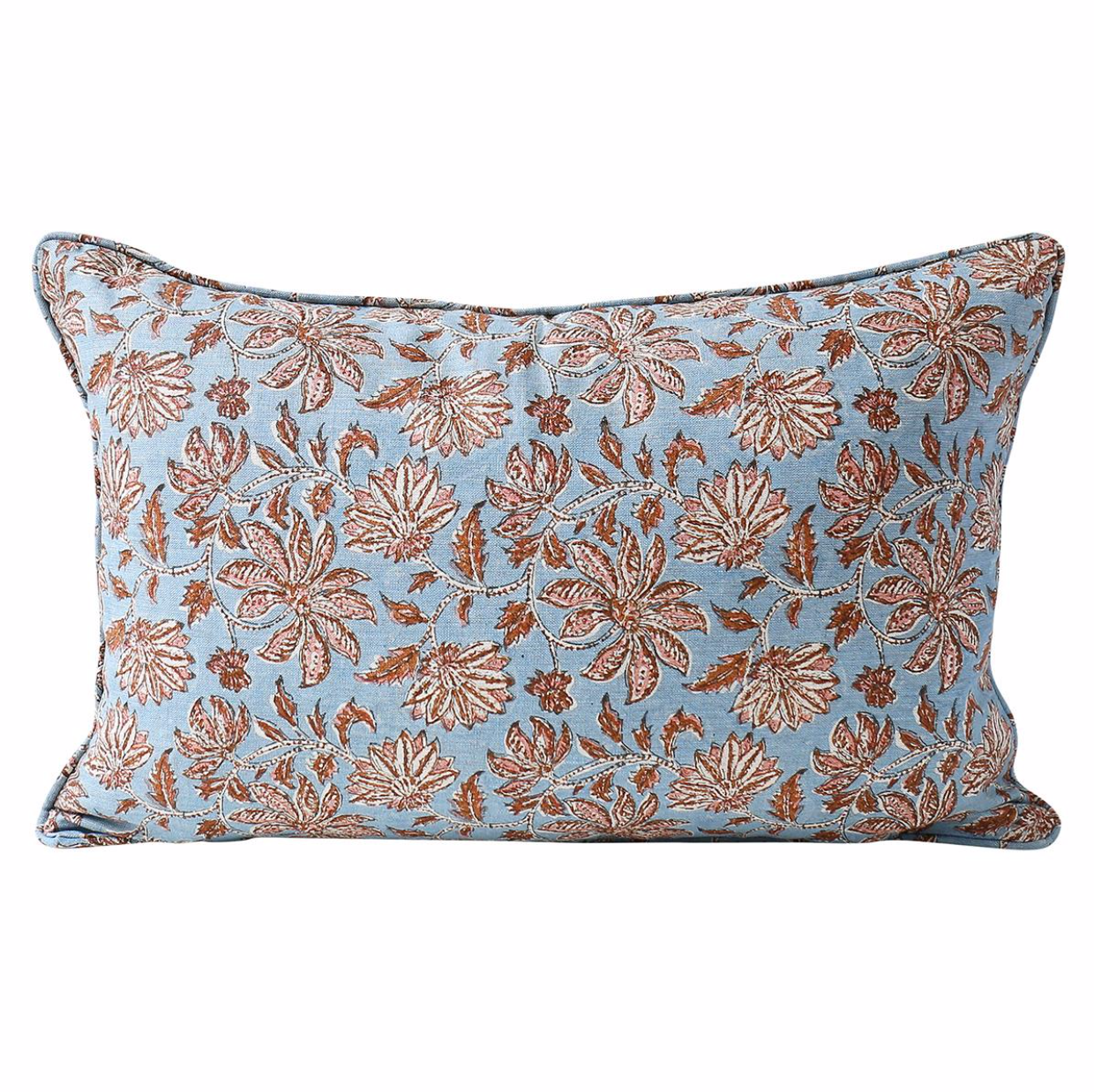 pale blue and persimmon floral oblong pillow