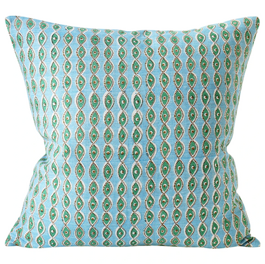 blue and green block print square pillow