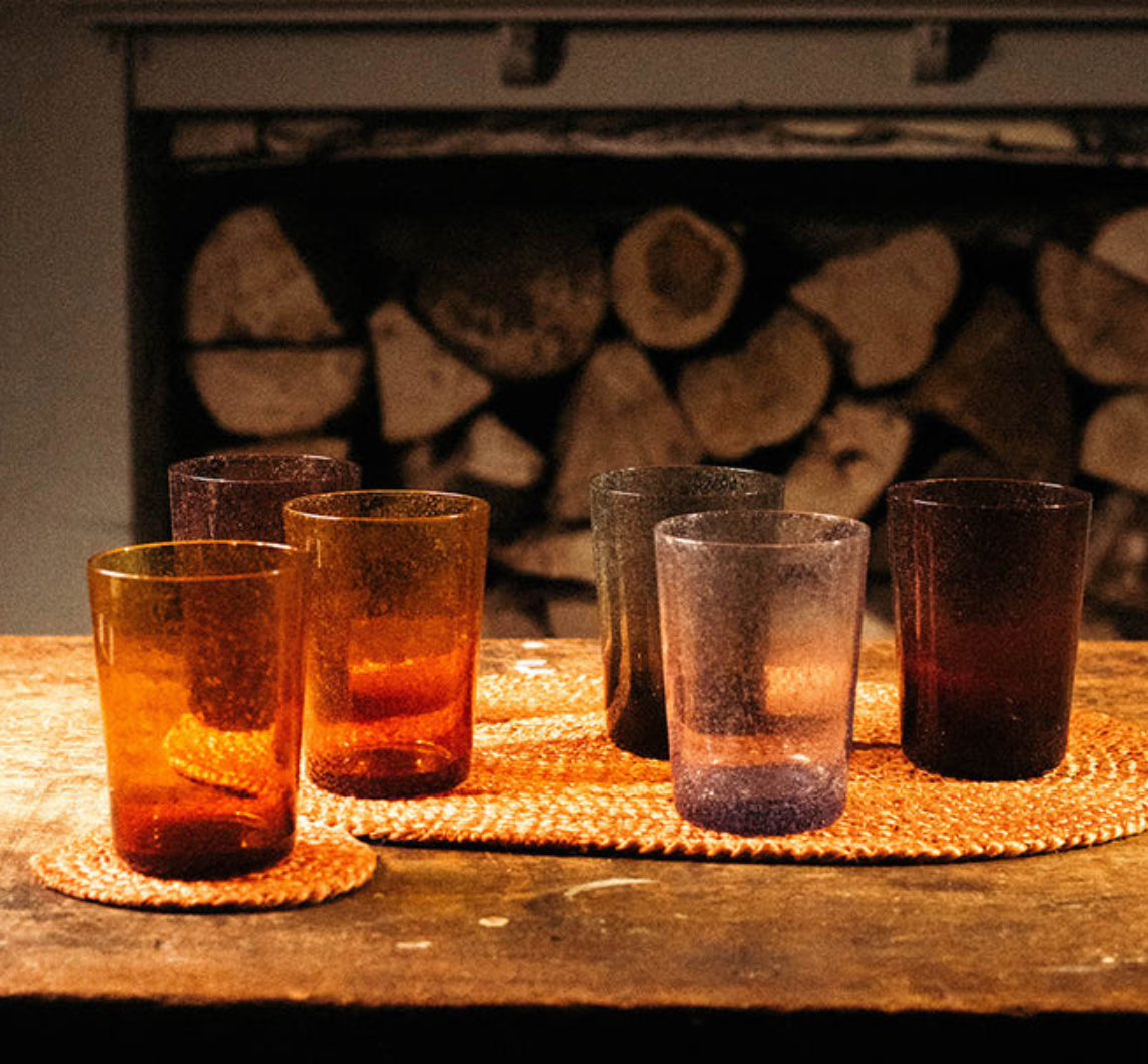 grouping of recycled glass tumblers
