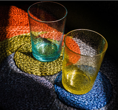glass tumblers and coasters