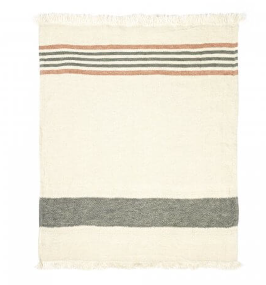 ivory, green and clay stripe Belgian linen guest towel