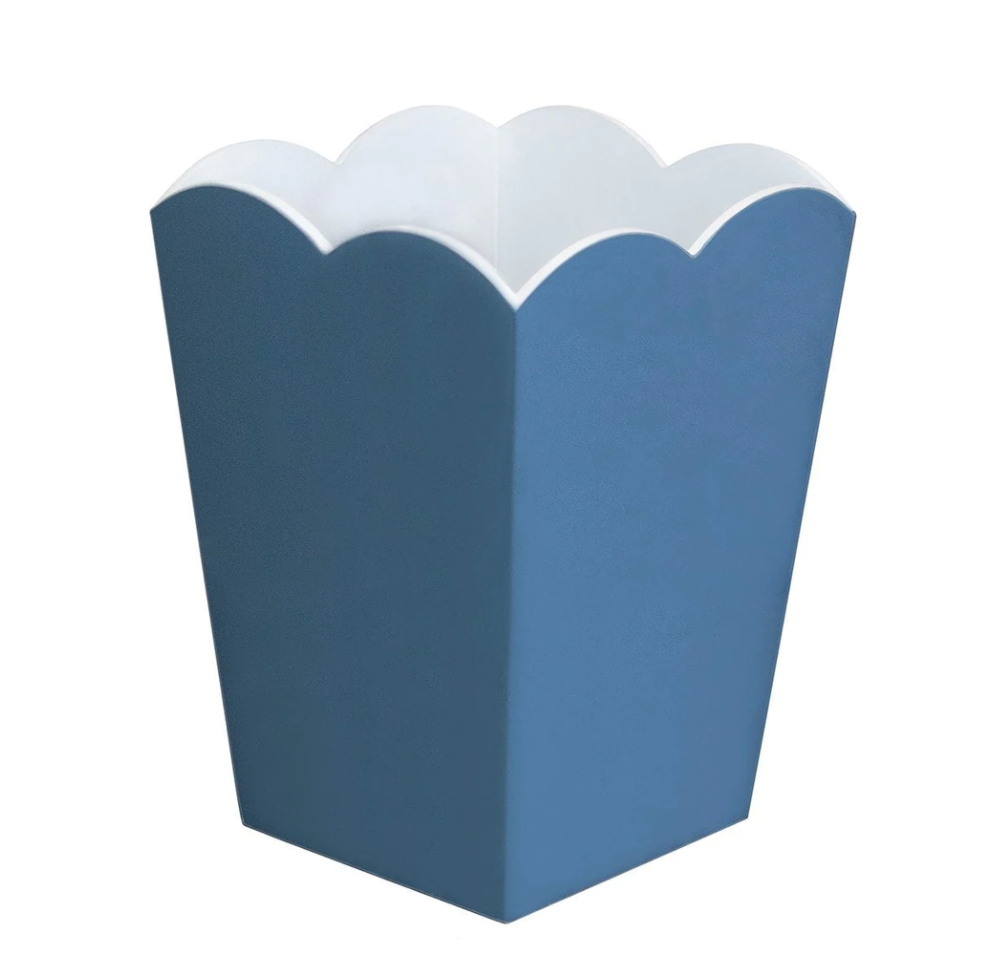 lacquered blue and white trash bin with scalloped edge