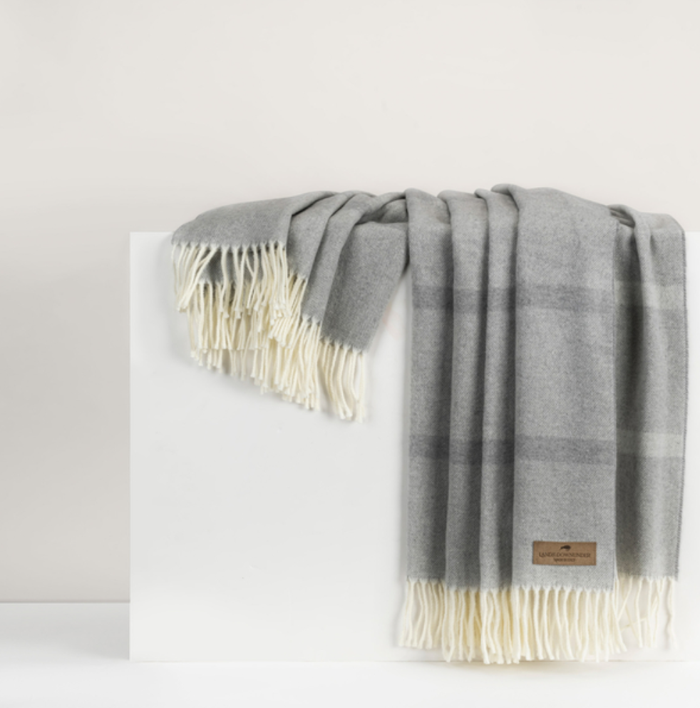 pebble grey and striped throw with fringe