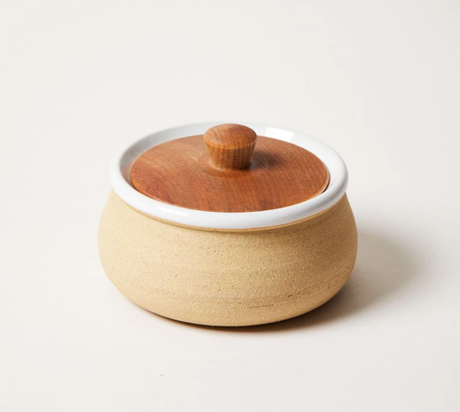 stoneware jam pot with wooden lid