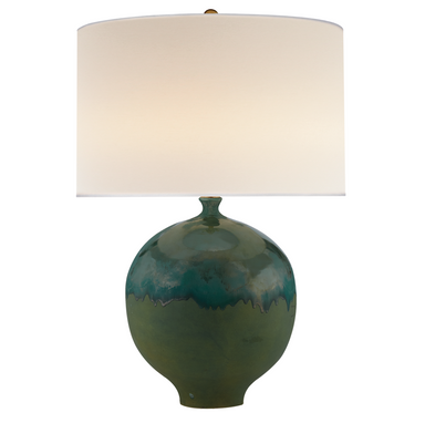 green drip glaze lamp with linen shade