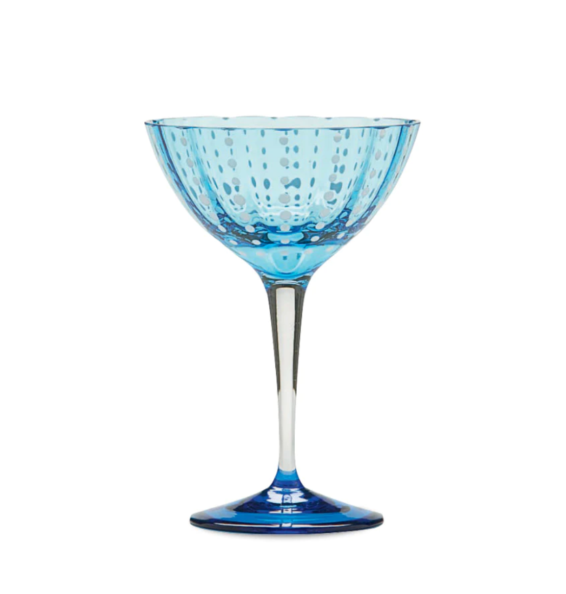 murano glass champagne coupe in transparent aquamarine and white dots