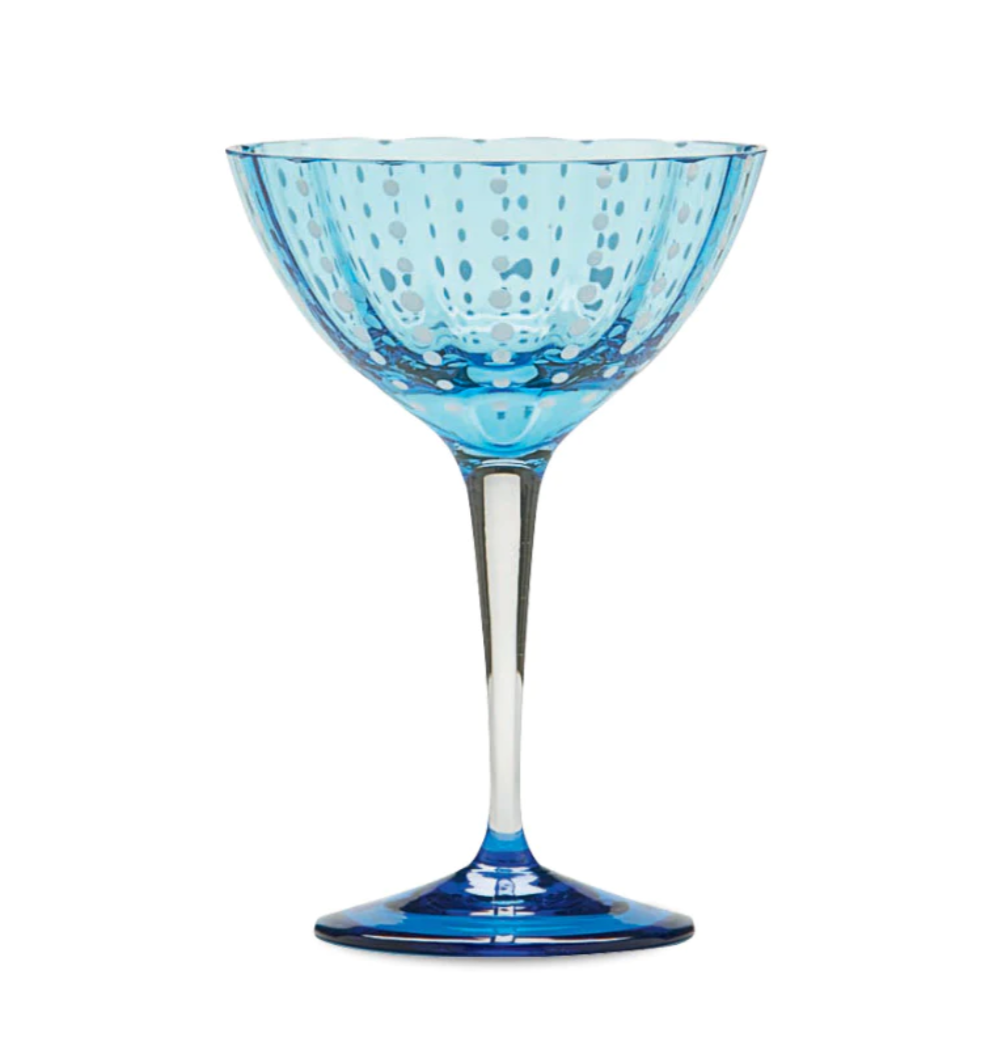 murano glass champagne coupe in transparent aquamarine and white dots