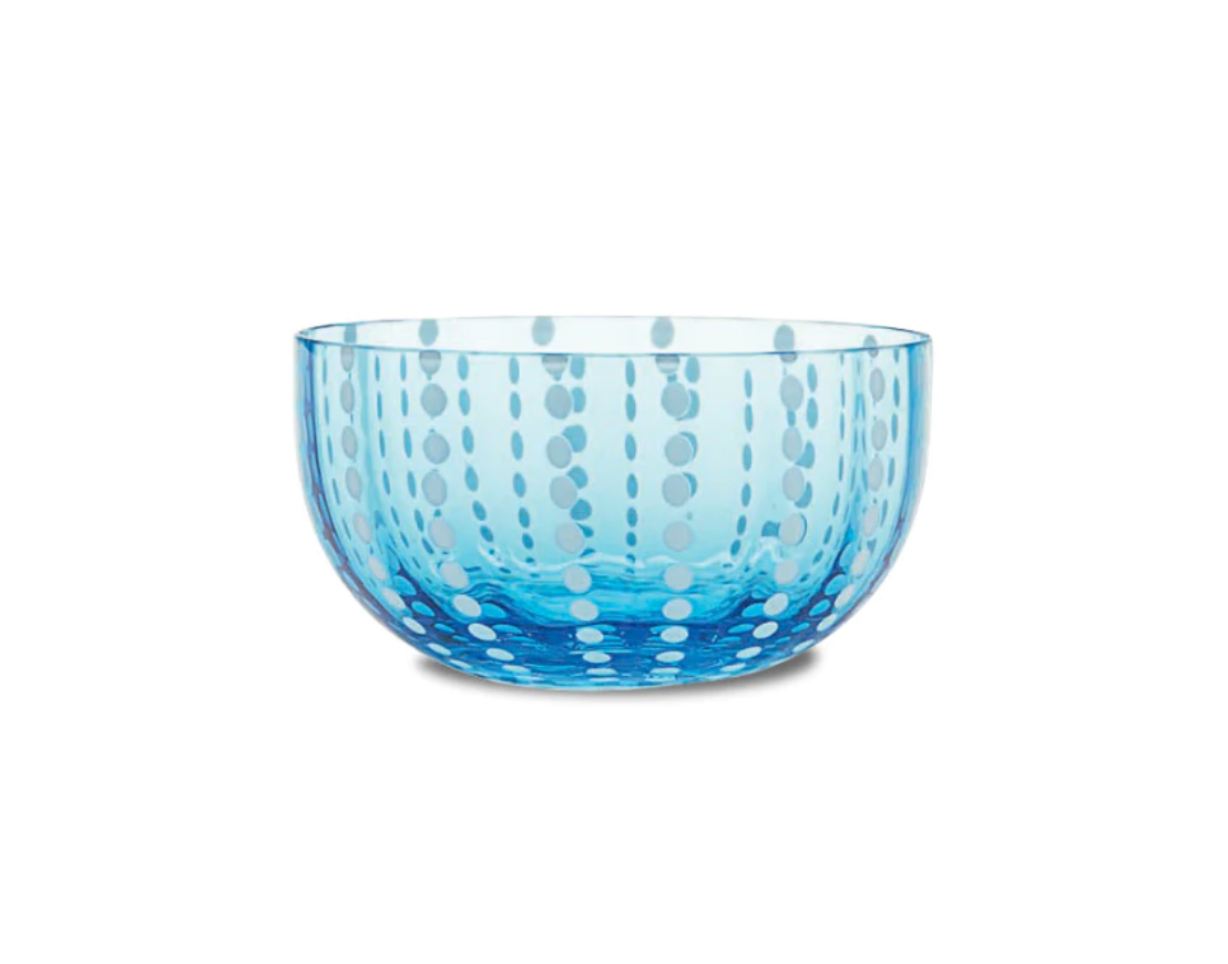 transparent aquamarine murano glass bowl with white dots
