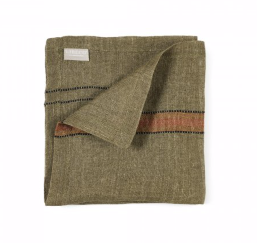 Bronzy-green linen napkin Marie from Libeco, black accent stripes
