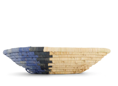 side view of blue and natural woven basket
