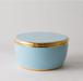 lidded round box in sky blue and gold