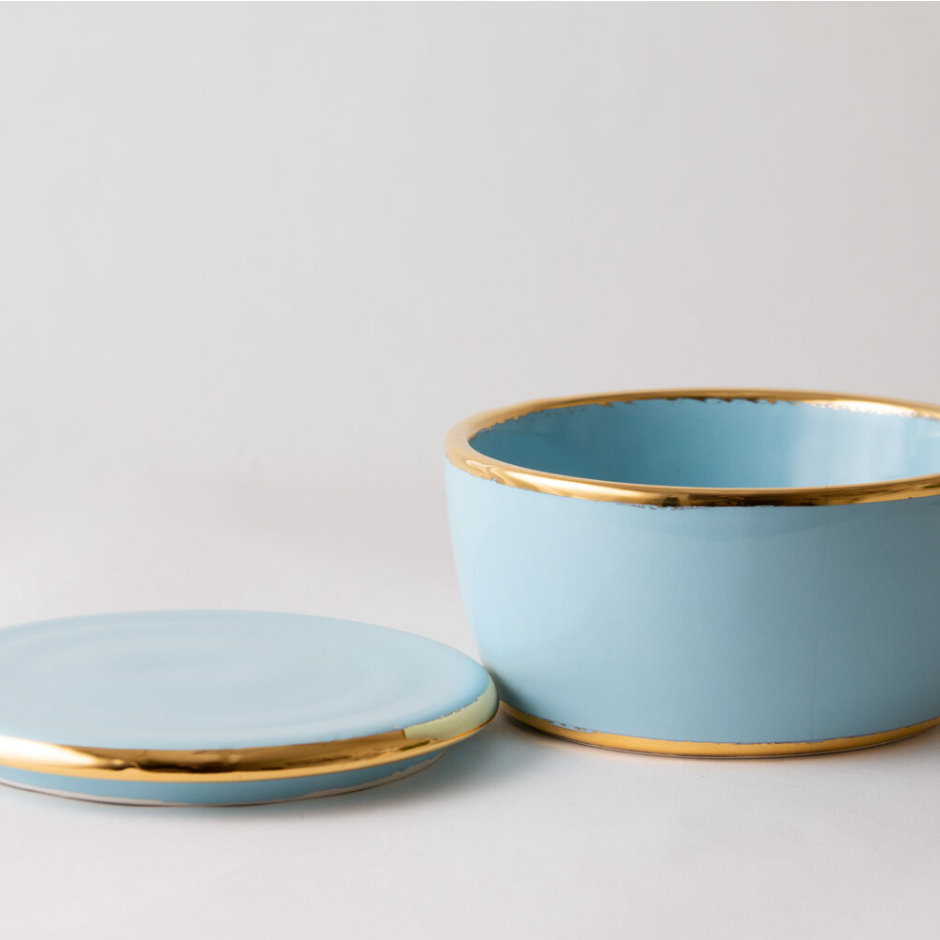 lidded box in sky blue and gold, lid by side