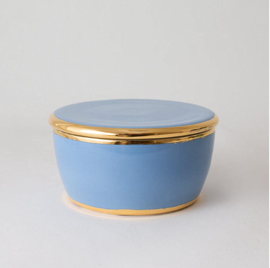 glossy cerulean lidded box with gold lustre accent