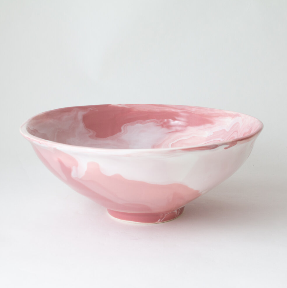 side view of pink and white bowl