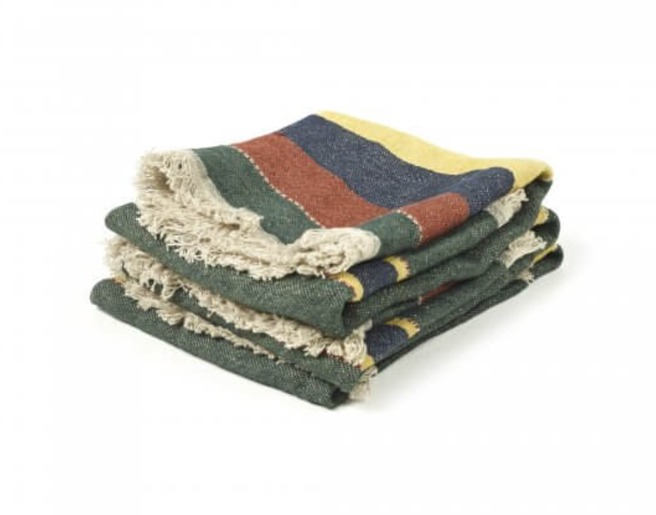 green, blue, rust and yellow striped linen guest towel