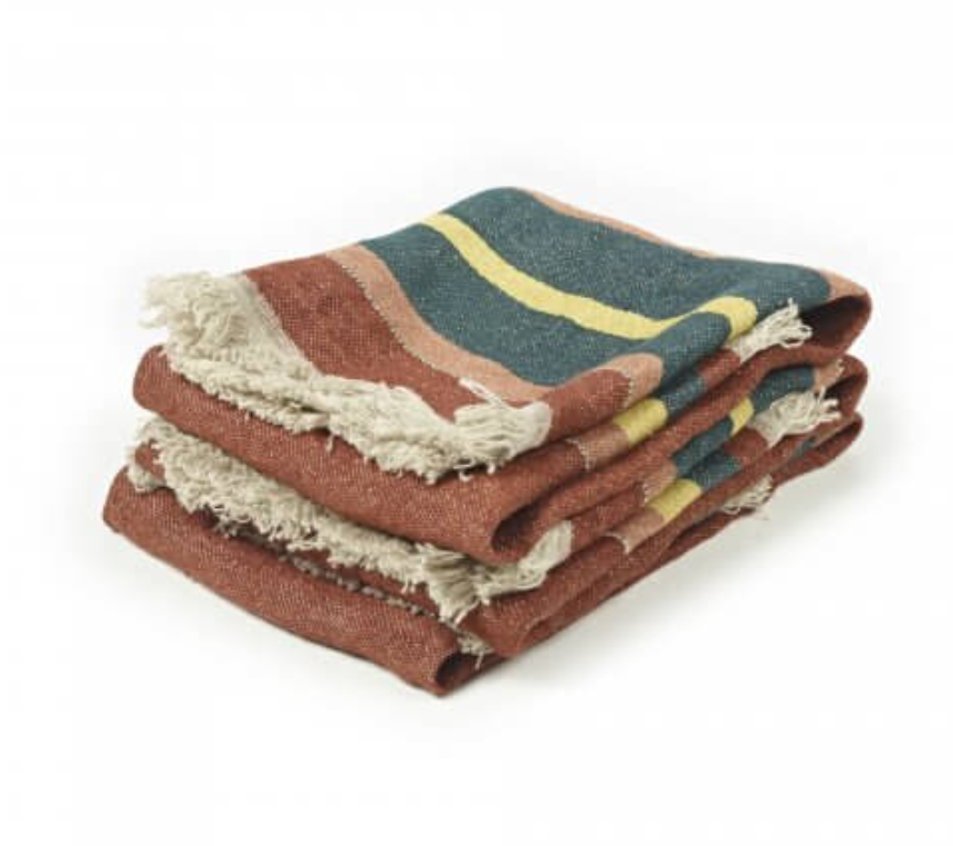 rust, green, yellow and rose stripe linen guest towel from Libeco