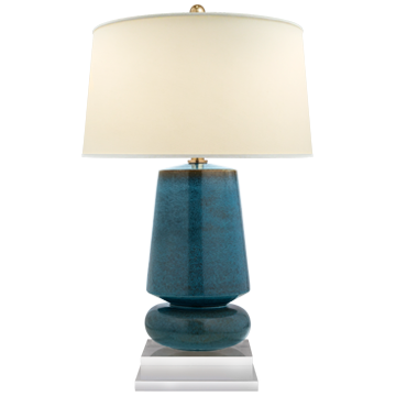 blue-green ceramic lamp with shade