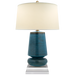 blue-green ceramic lamp with shade