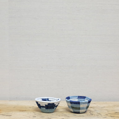 two blue and white small baskets